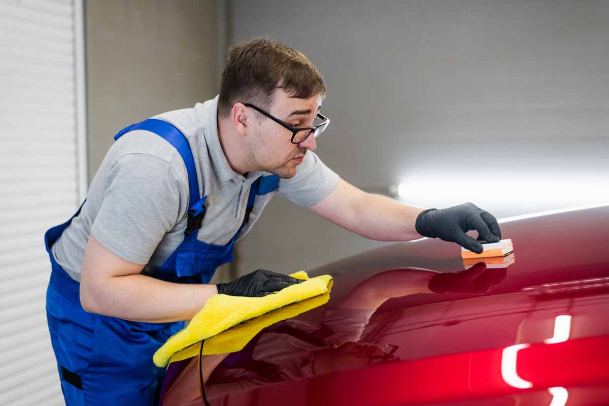 Man worker of car detailing studio applying ceramic coating on c